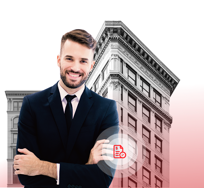 Smiling businessman in suit, arms crossed, in front of city buildings; red highlight with document icon.