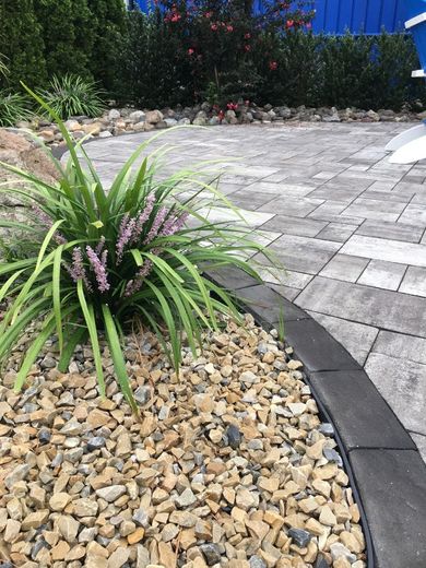 Landscaped garden bed with spiky green plant and pink flowers beside a curved stone walkway