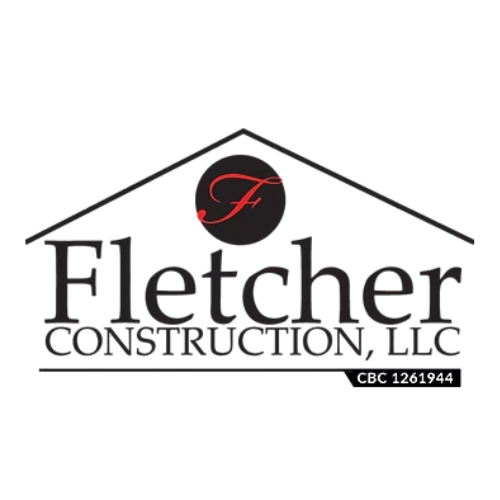 Logo for Fletcher Construction, LLC, featuring a house outline and company name. Includes a red 