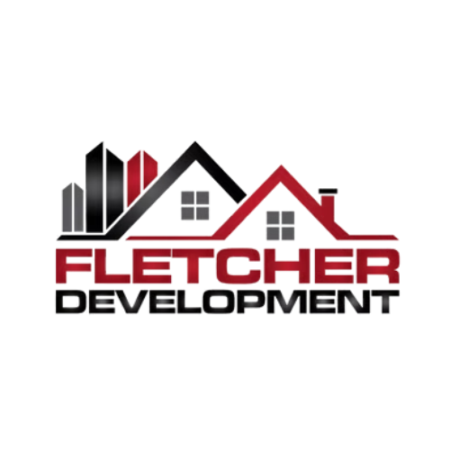 Logo for Fletcher Development featuring buildings and a house in red, black, and white text.