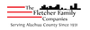 Logo for The Fletcher Family Companies, featuring red lines, a black skyline, and text about serving Alachua County since 1931.