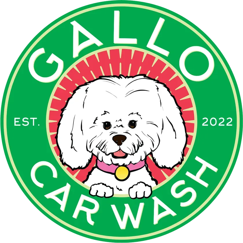 Gallo Car Wash logo: white dog wearing pink collar with gold tag in a green and red circular design.