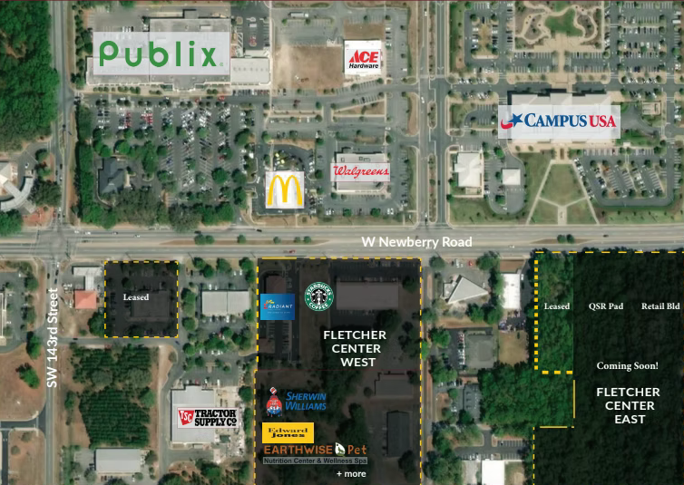 Aerial view of Fletcher Center West and surrounding businesses along W Newberry Rd in Gainesville, Florida.