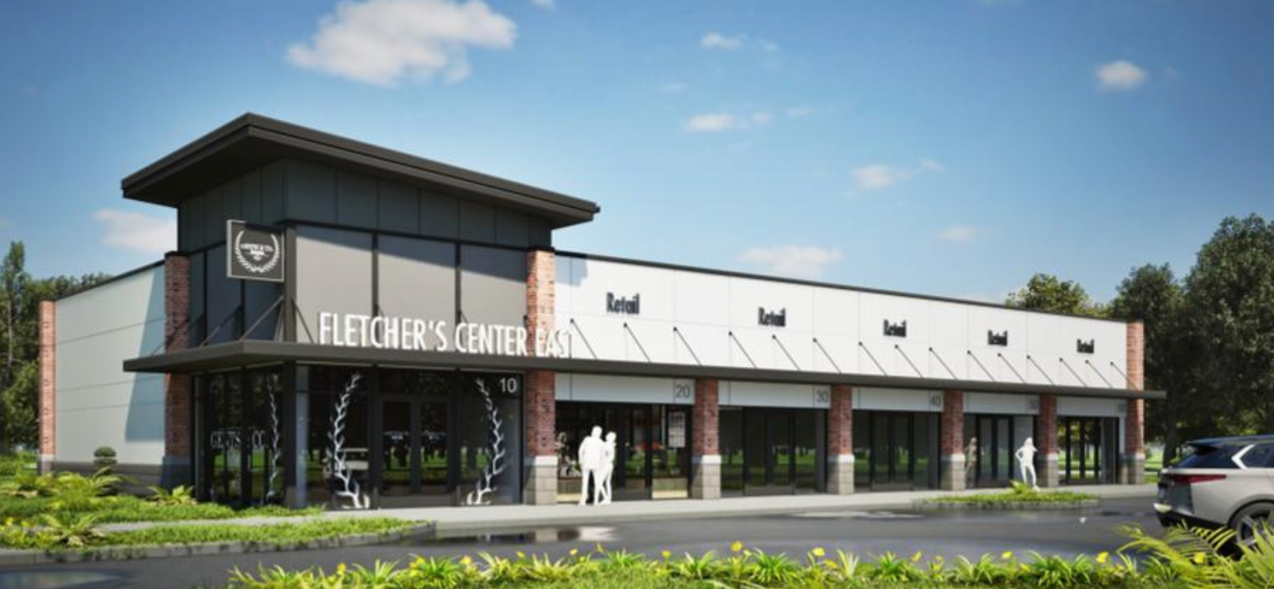 Exterior rendering of Fletcher's Center. Modern building with red brick, black metal, and large windows on a sunny day.