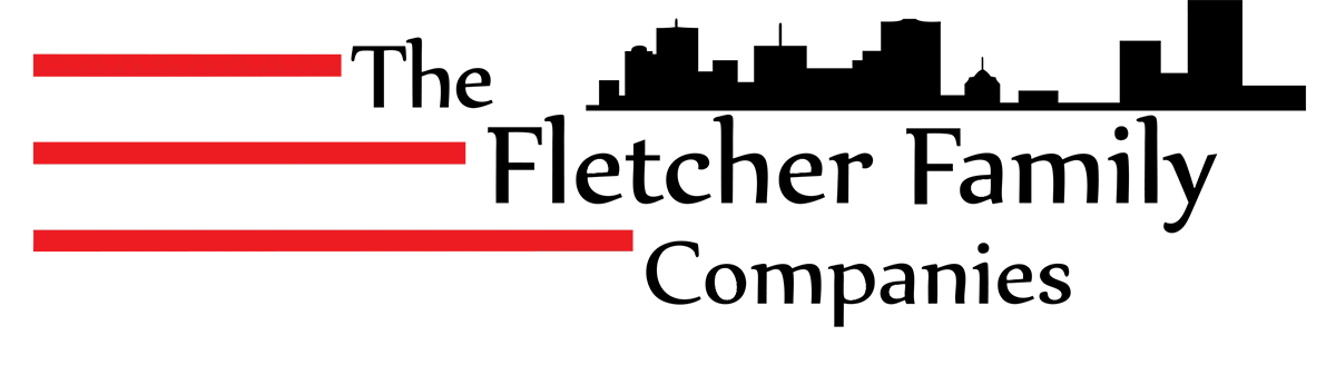 Logo of The Fletcher Family Companies with red horizontal lines and a city skyline.