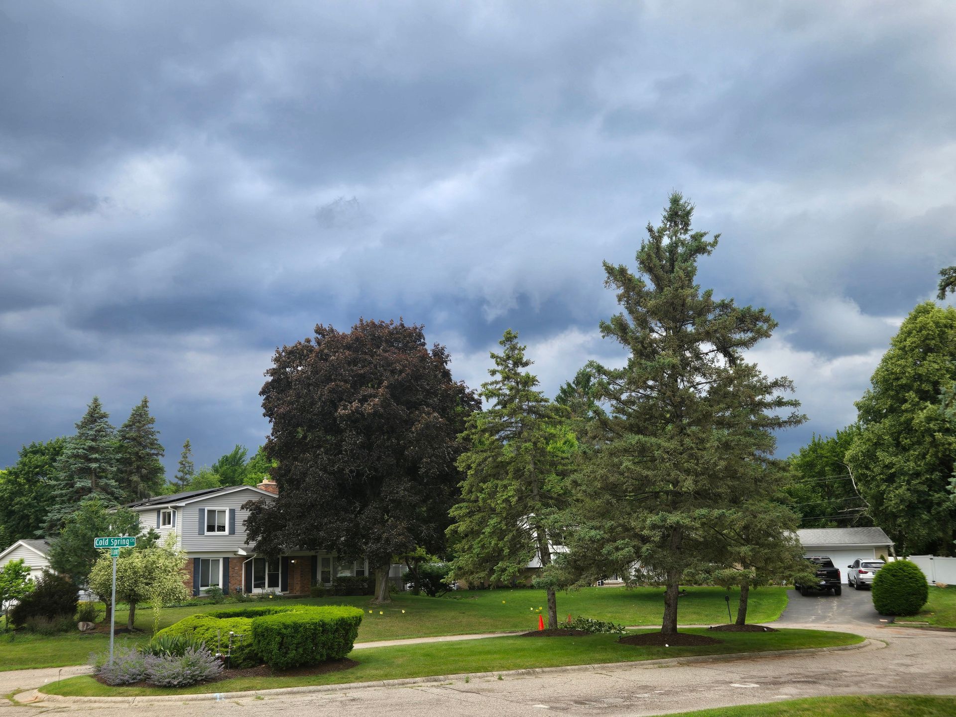 Suburban house with large trees and green lawn under a cloudy sky