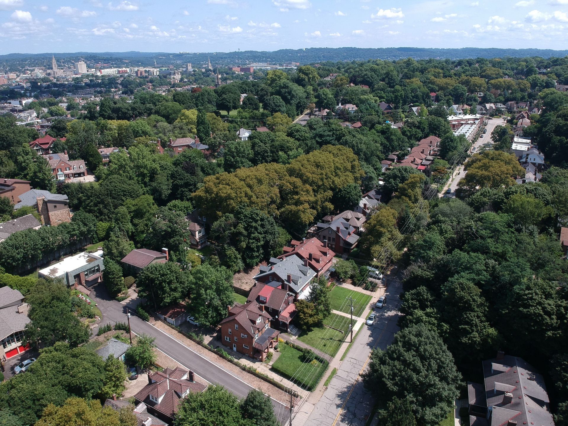Aerial view of a leafy suburban neighborhood with houses, roads, and dense green trees.