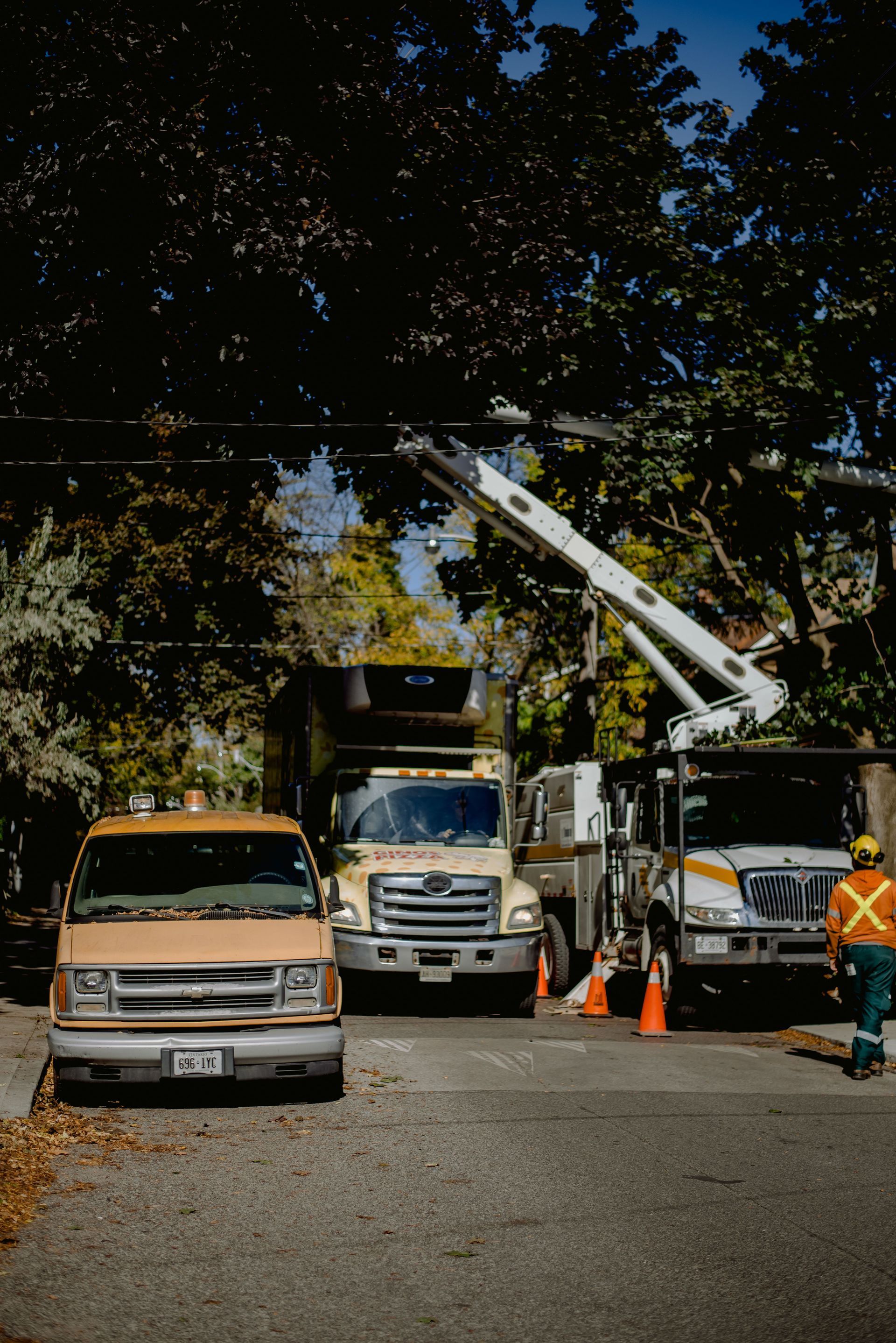 Utility truck and bucket lift working under tree canopy beside parked vehicles and orange cones.