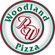 Logo for Woodland Pizza: red and white stylized 
