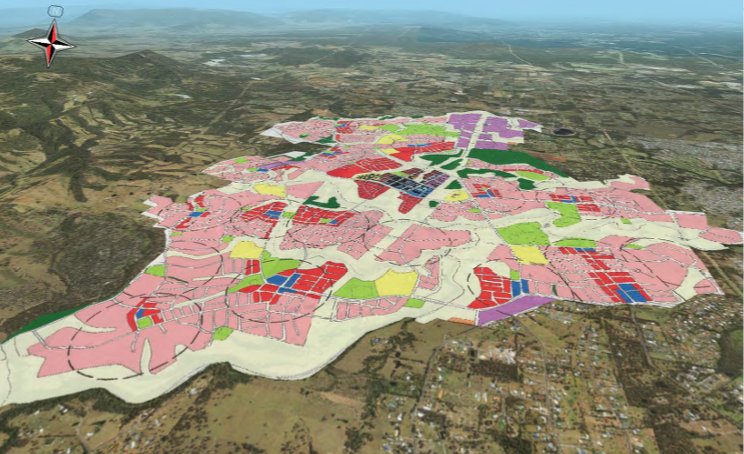 3D structure plan of the Waraba (Caboolture West) growth precinct showing planned residential, commercial and green space zoning across the development area