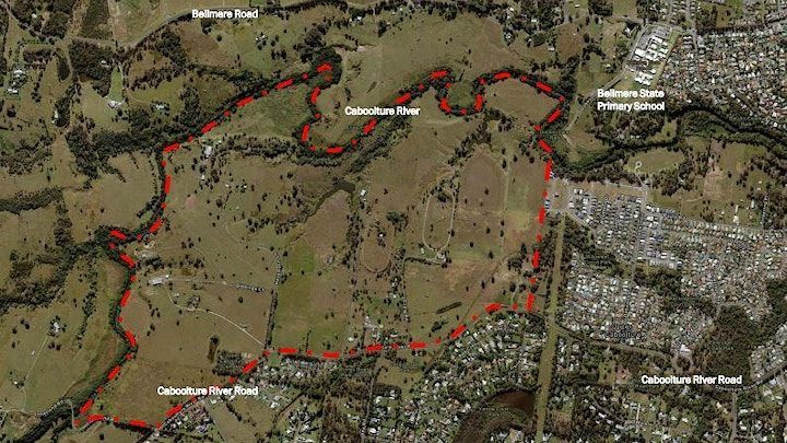 Aerial map showing the boundary of a Caboolture growth precinct site bordered by Caboolture River