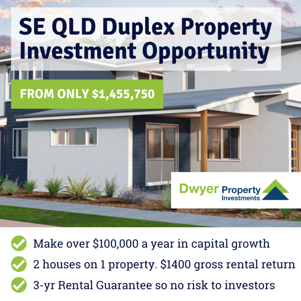 Duplex property investment advertisement in SE QLD, Australia. Features the house, price, rental details
