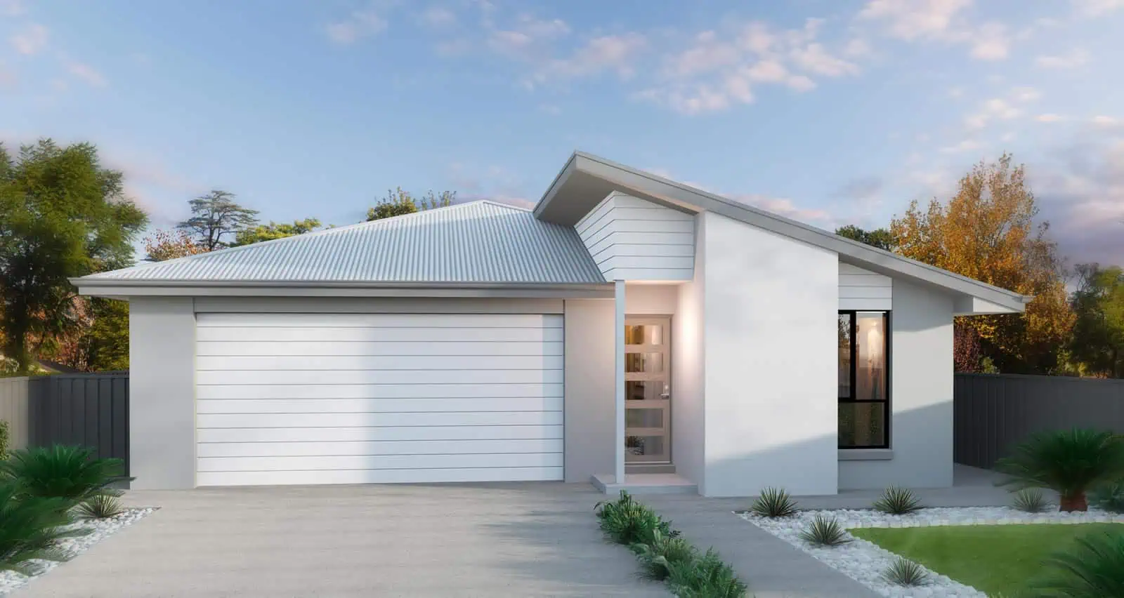 Modern one-story house with gray roof, white garage door, and entry door, and small front yard with green grass.