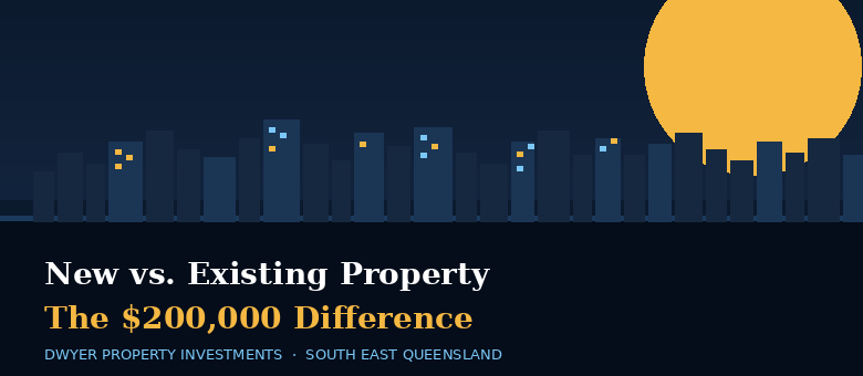 City skyline with yellow sun and text: “New vs. Existing Property – The $200,000 Difference.”