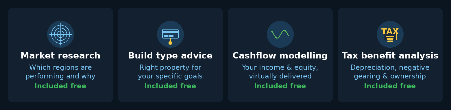 Four dark-blue crypto infographic cards: market research, build your niche, confirm, and tax/legal analysis.