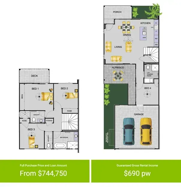 Floor plans with two levels and a garage; price and rental income details.