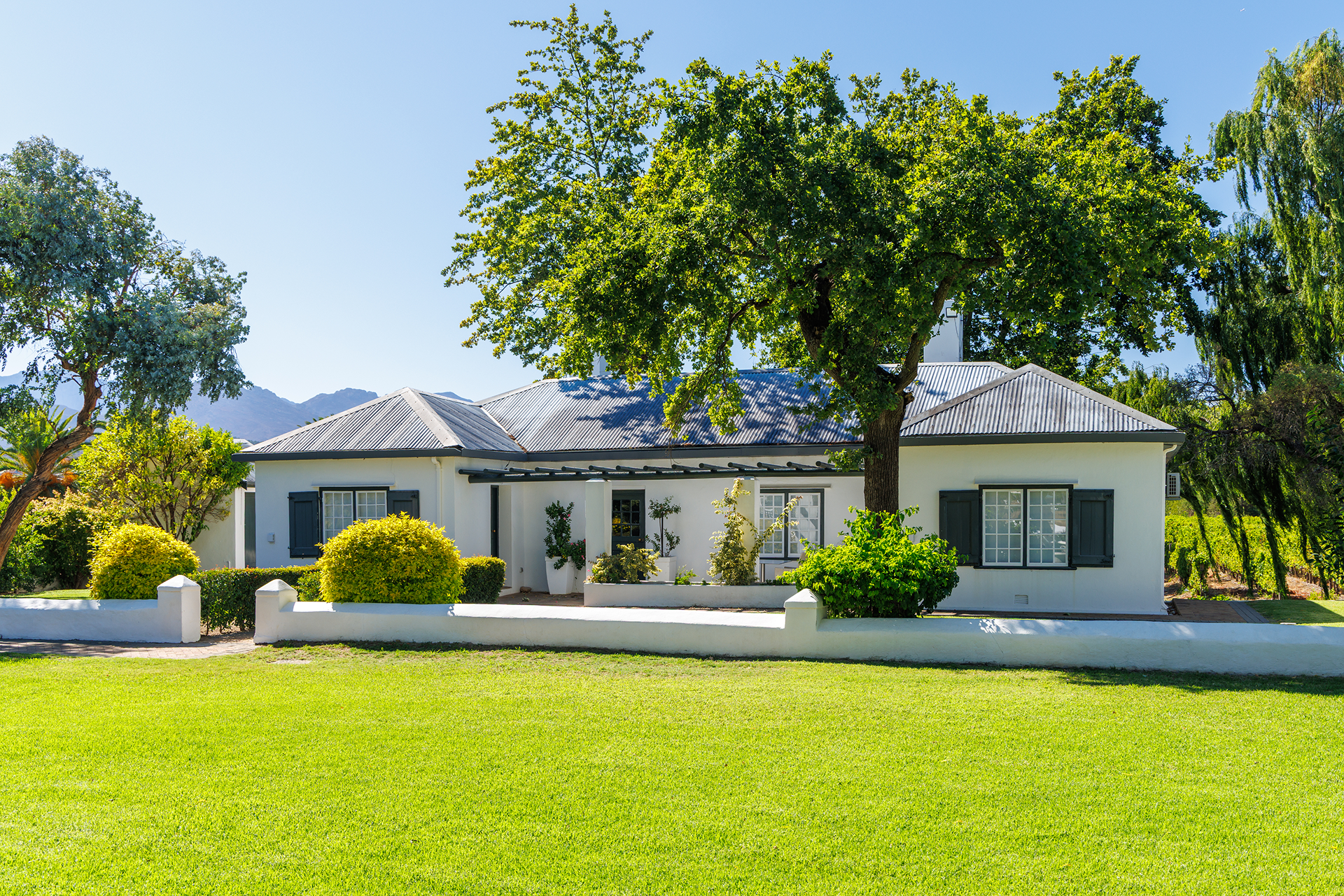 Modern white house with a metal roof, green lawn, and trees under a clear blue sky
