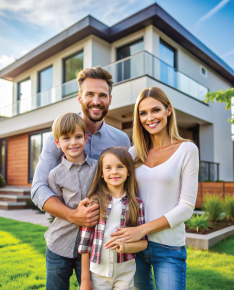 Family of four smiling in front of a modern house with a green lawn