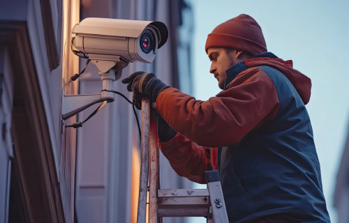 Technician adjusting a security camera mounted on a building exterior at dusk