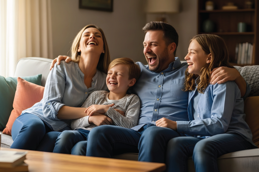Smiling family of four relaxing together on a couch in a cozy living room