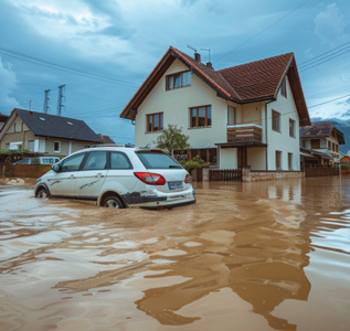 Flooded residential street with a white car and houses surrounded by muddy water