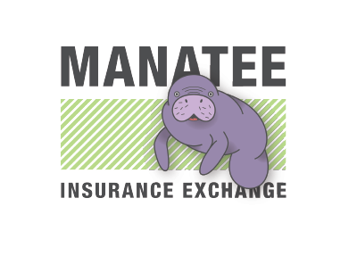 Manatee Insurance Exchange logo with purple manatee over green stripes on white background