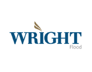 Wright Flood logo in blue text with gold leaf icon on a white background