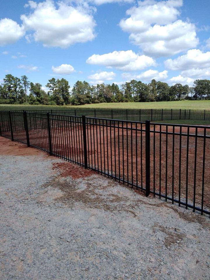 A black fence surrounds a dirt field with trees in the background