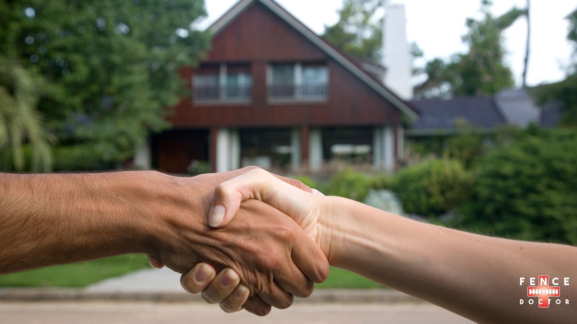 A man and woman shaking hands in front of a house in after purchasing a new fence in Salem AL