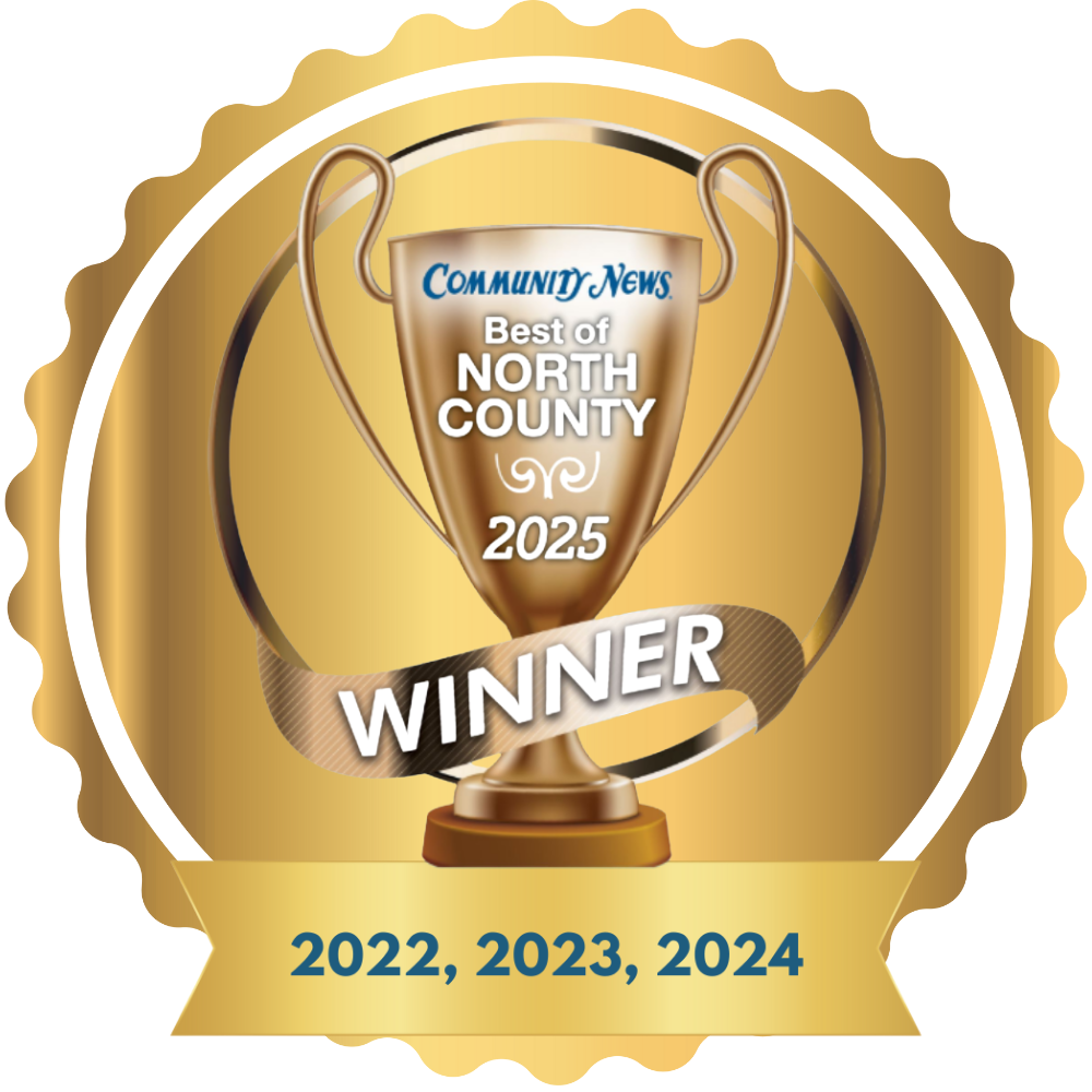 Gold “Best of North County 2025” winner badge with trophy and “2022, 2023, 2024” ribbon