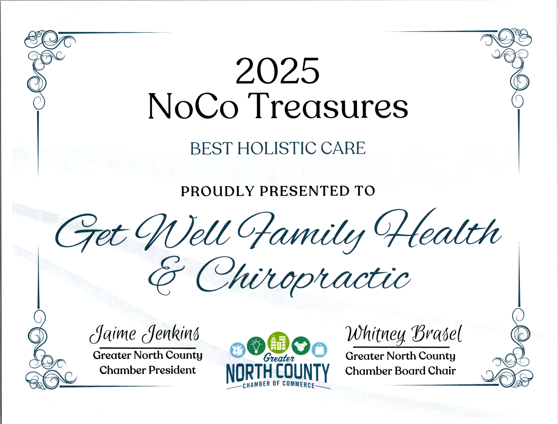 2025 NoCo Treasures Best Holistic Care award certificate for Get Well Family Health & Chiropractic