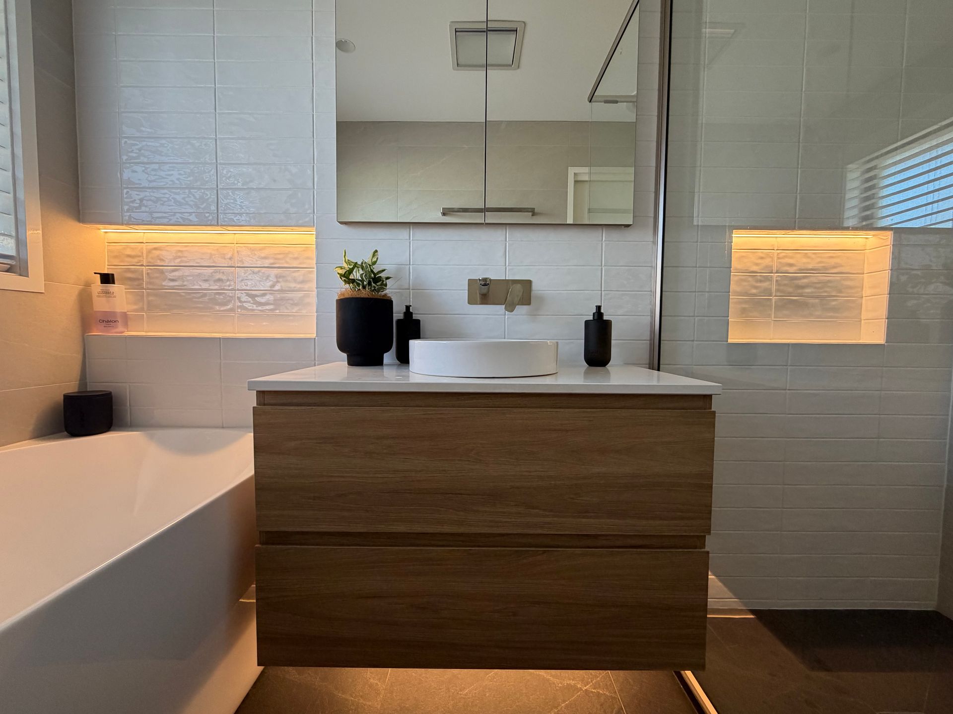 Modern Bathroom With Wooden Vanity — Straight up Building Projects in Holt, ACT