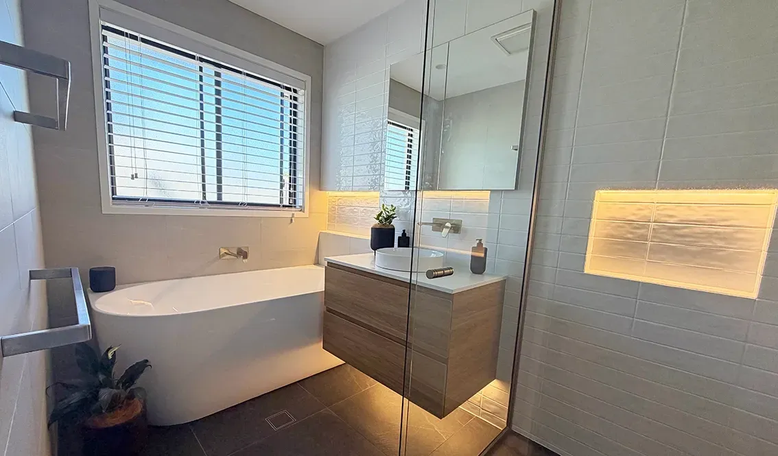 Modern Bathroom With Wooden Vanity — Straight up Building Projects in Ainslie, ACT