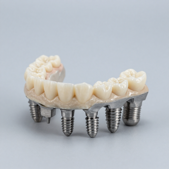 Protesi dentale con denti bianchi montata su quattro impianti metallici