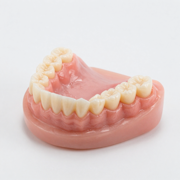 Modello di protesi dentaria con gengive rosa e denti bianchi su sfondo bianco