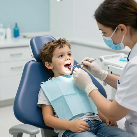 Bambino sulla poltrona del dentista mentre gli vengono esaminati i denti in una clinica