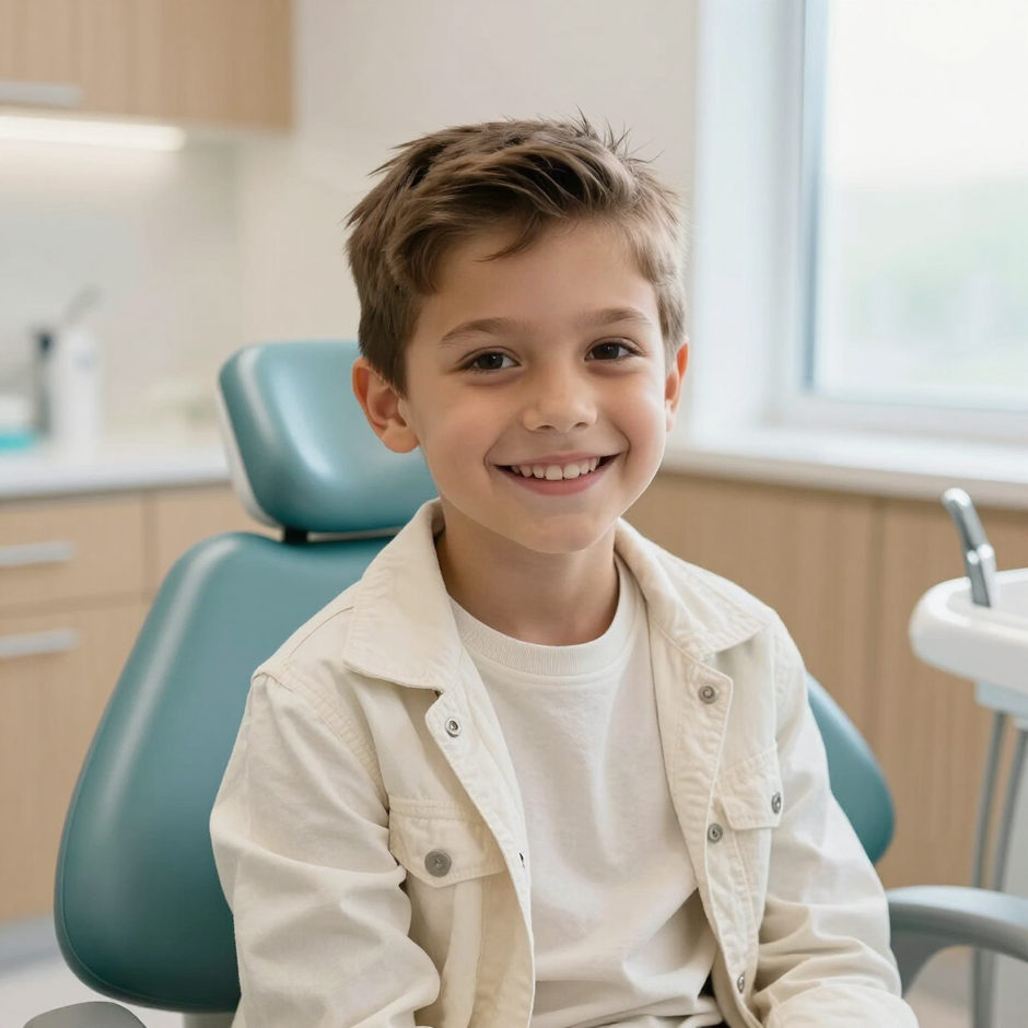 Bambino sorridente seduto su una poltrona odontoiatrica in una clinica luminosa
