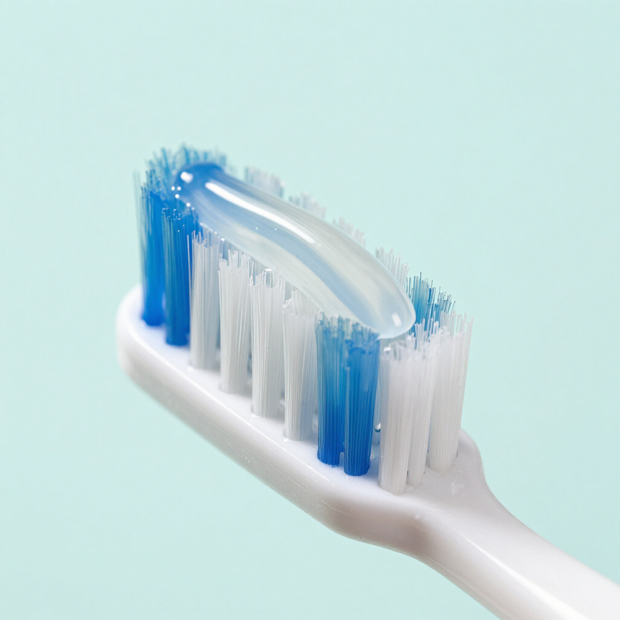 Spazzolino bianco con setole blu e bianche su sfondo azzurro pallido