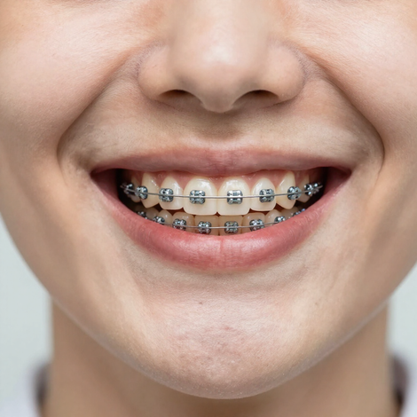 Primo piano di una bocca sorridente con l’apparecchio ortodontico in metallo sui denti