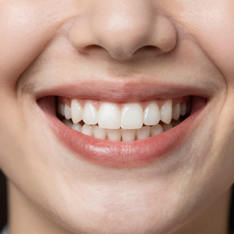 Primo piano di una bocca sorridente, con denti bianchi e labbra rosa
