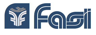 Logo blu “fasi” con emblema quadrato e scritta stilizzata bianca e blu