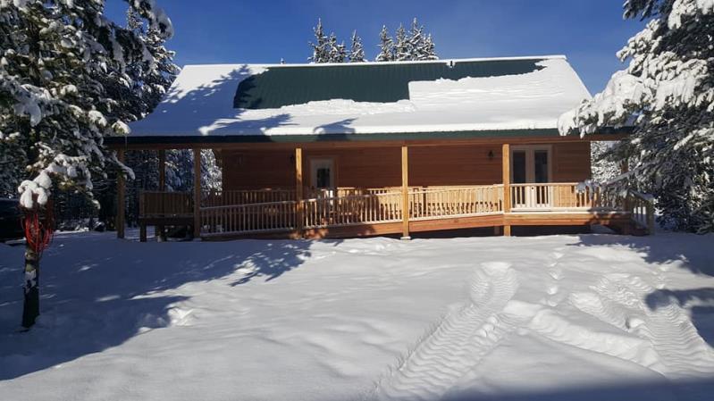A wooden cabin covered in snow