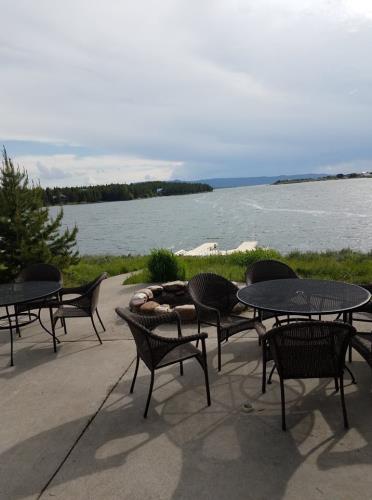 Lake side view of tables and chairs