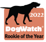 A silhouette of a dog standing next to the words `` dogwatch rookie of the year ''.