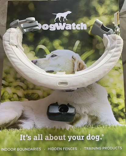 A dog watch advertisement with a picture of a dog on it