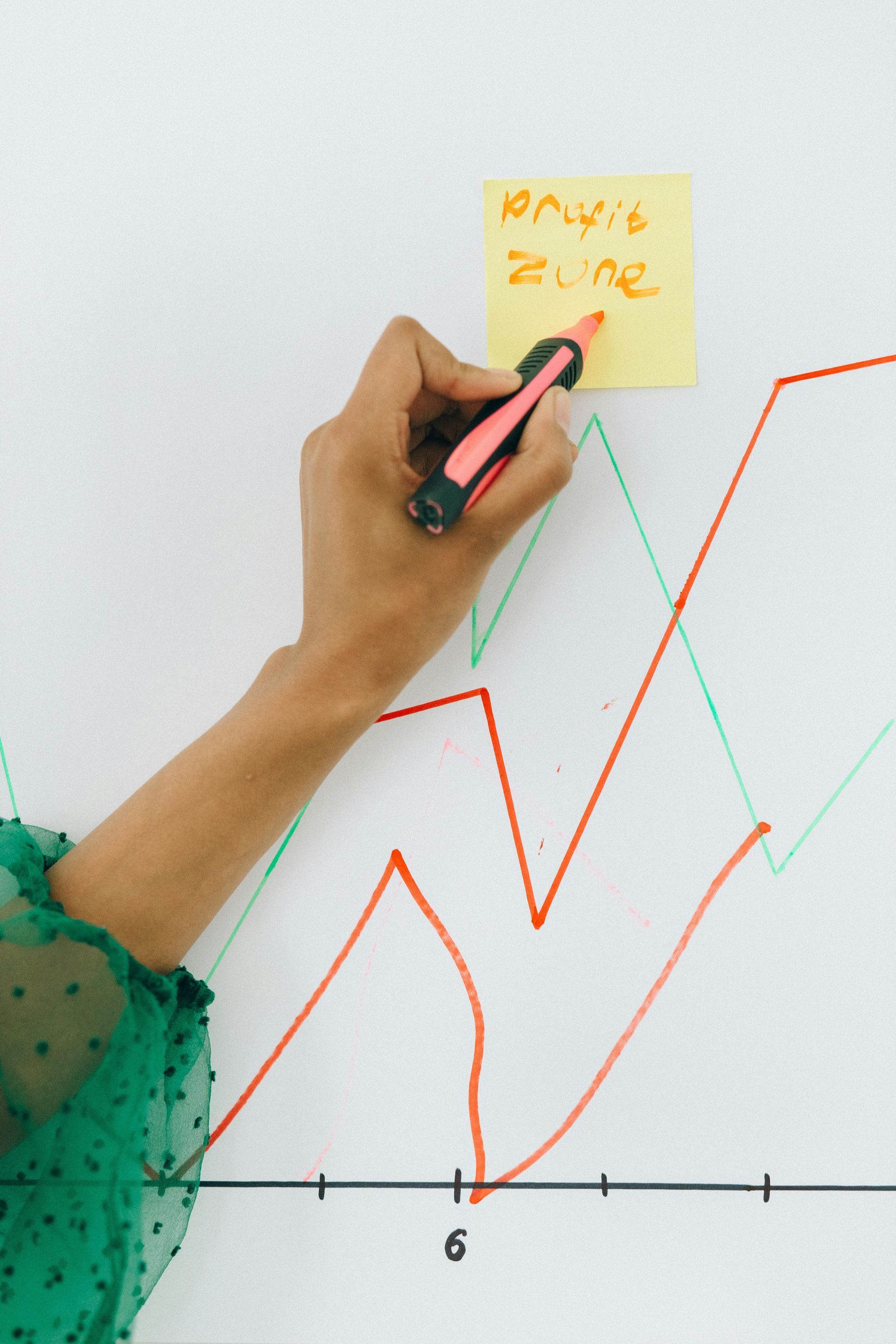 Hand drawing red and green graph lines on a whiteboard, with 