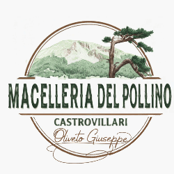 Logo: Macelleria del Pollino, con paesaggio montano, albero e 