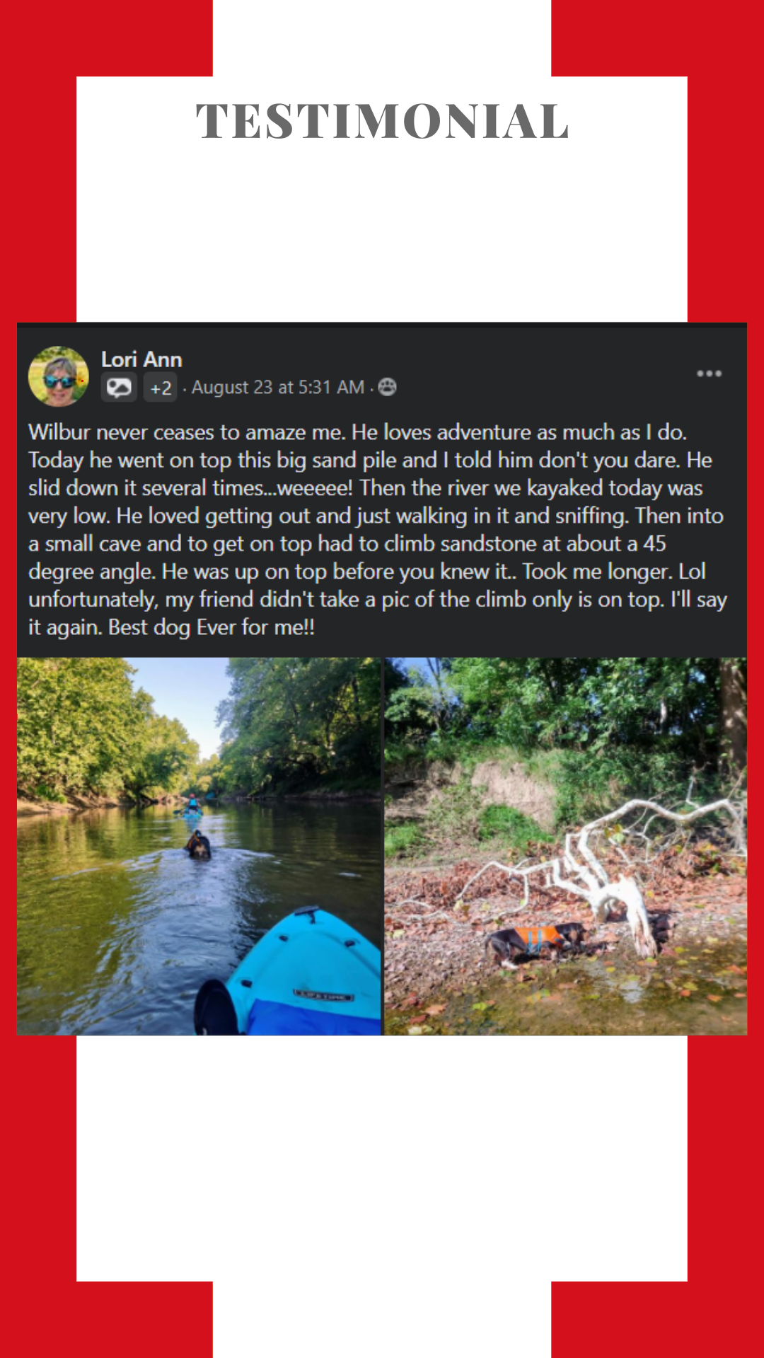 A testimonial from a person riding a kayak on a river.