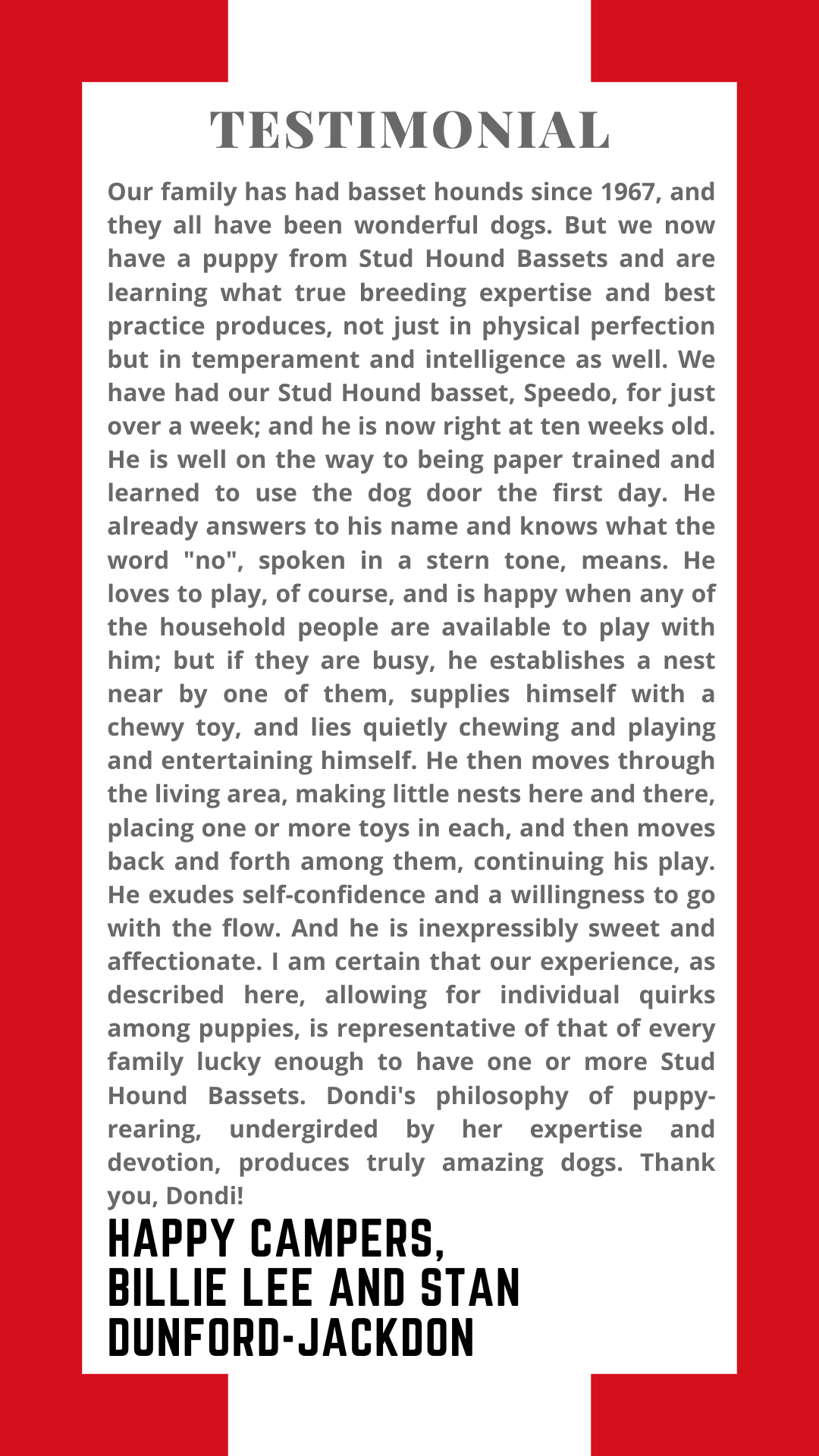 A testimonial from happy campers , billie lee and stan dunford-jackson