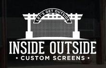 Inside Outside Custom Screens logo with a white screen-door graphic on a dark background